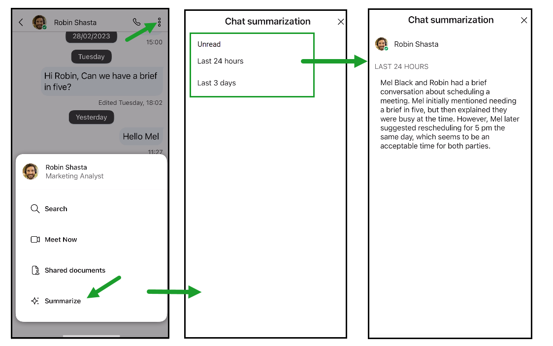 Chat messages - Summarize conversation based on the latest 24 hours, the last 3 days, or any unread messages Chat messages - Summarize conversation based on the latest 24 hours, the last 3 days, or any unread messages