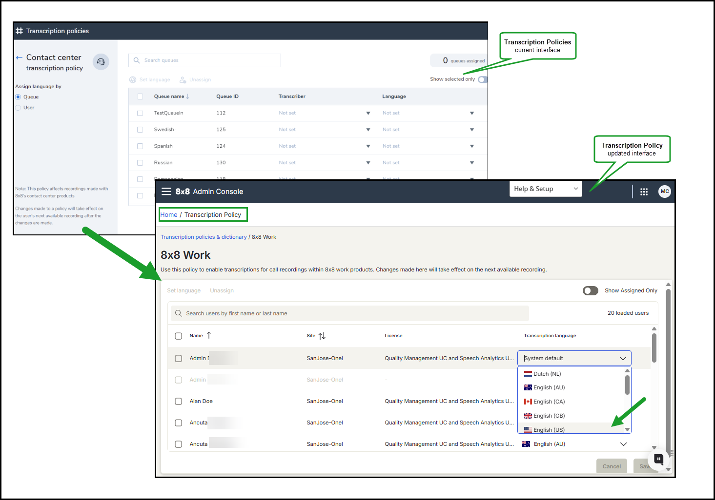 Transcription policies & dictionary – Updated user interface Transcription policies & dictionary – Updated user interface