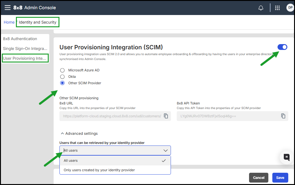 Enable User Provisioning Integration (SCIM) to automate user onboarding and offboarding by connecting 8x8 with identity providers like Azure AD, Okta, or other SCIM systems 8x8 Admin Console User Provisioning Integration (SCIM) page showing configuration options for Azure AD, Okta, or other SCIM providers, with fields for 8x8 URL, API token, and advanced user retrieval settings