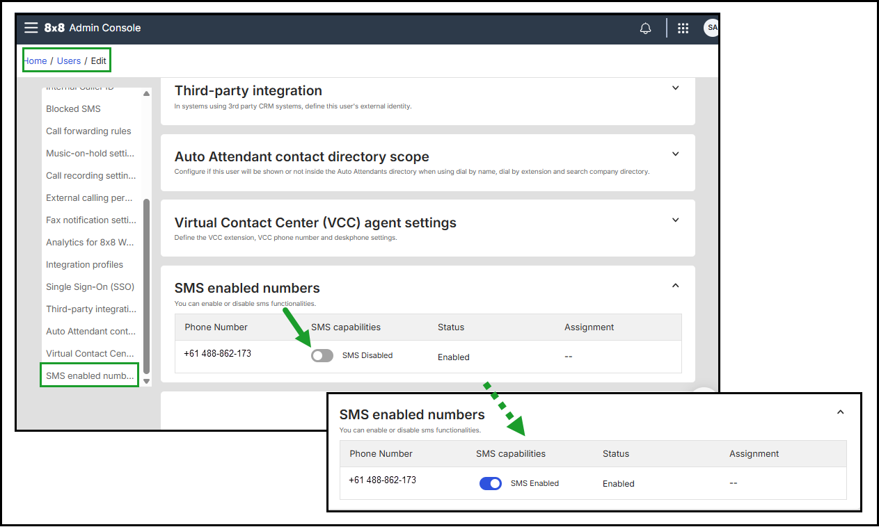 Add 8x8 Work users - Enable SMS number to a user Add 8x8 Work users - Enable SMS number to a user