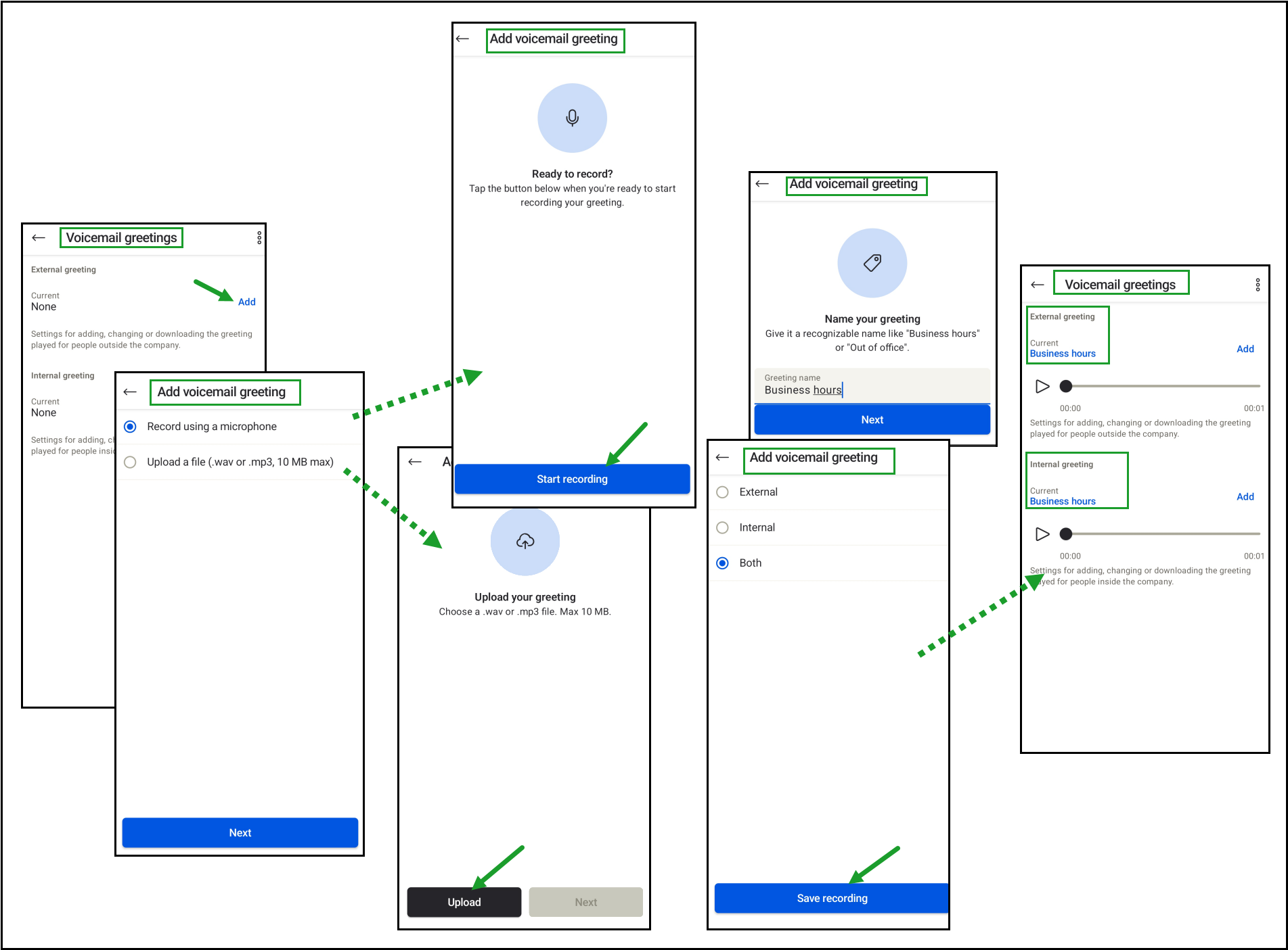 Record or upload a voicemail greeting, name it, and apply it to external or internal calls