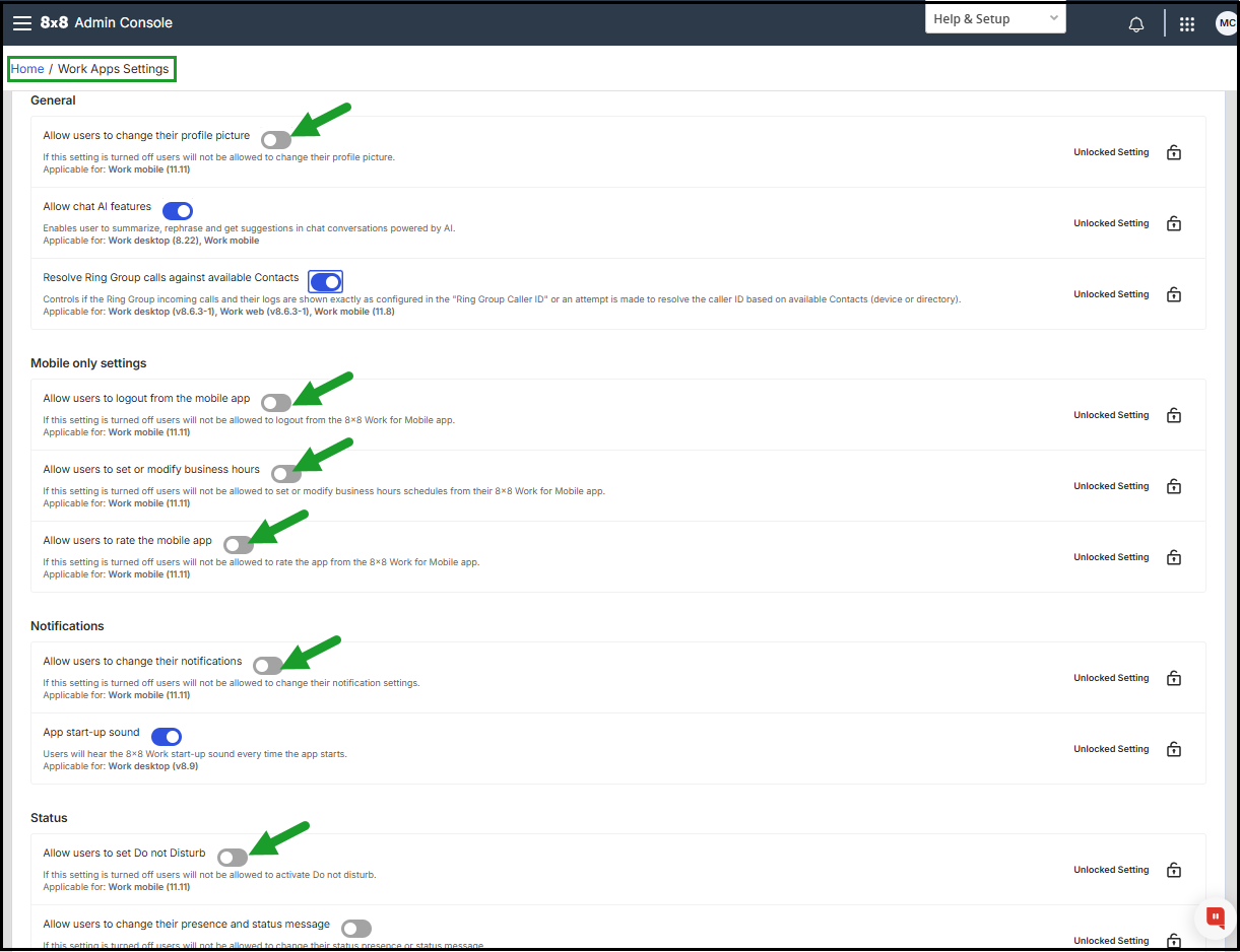 Work Apps Settings - Adjunct the Work apps settings to align with the 8x8 Work for Mobile 11.11 release Work Apps Settings - Adjunct the Work apps settings to align with the 8x8 Work for Mobile 11.11 release