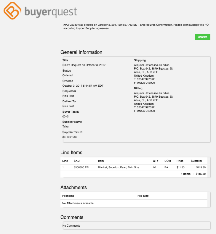 BuyerQuest Email Purchase Order Confirmation